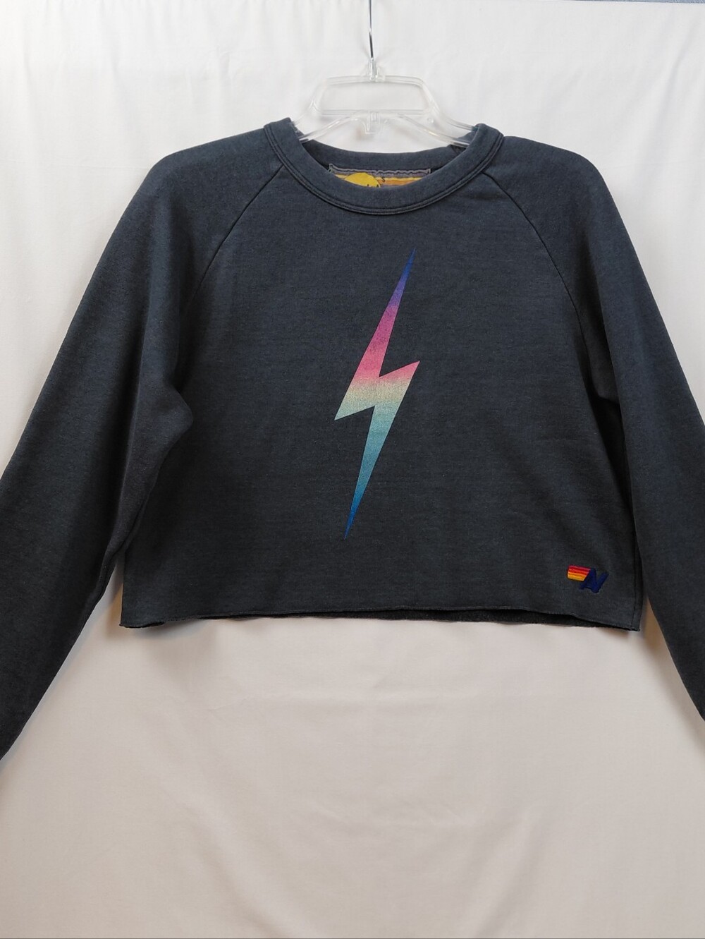 Aviator Nation Cropped Sweatshirt Women's Size Small‎ Gray Lightening Bolt